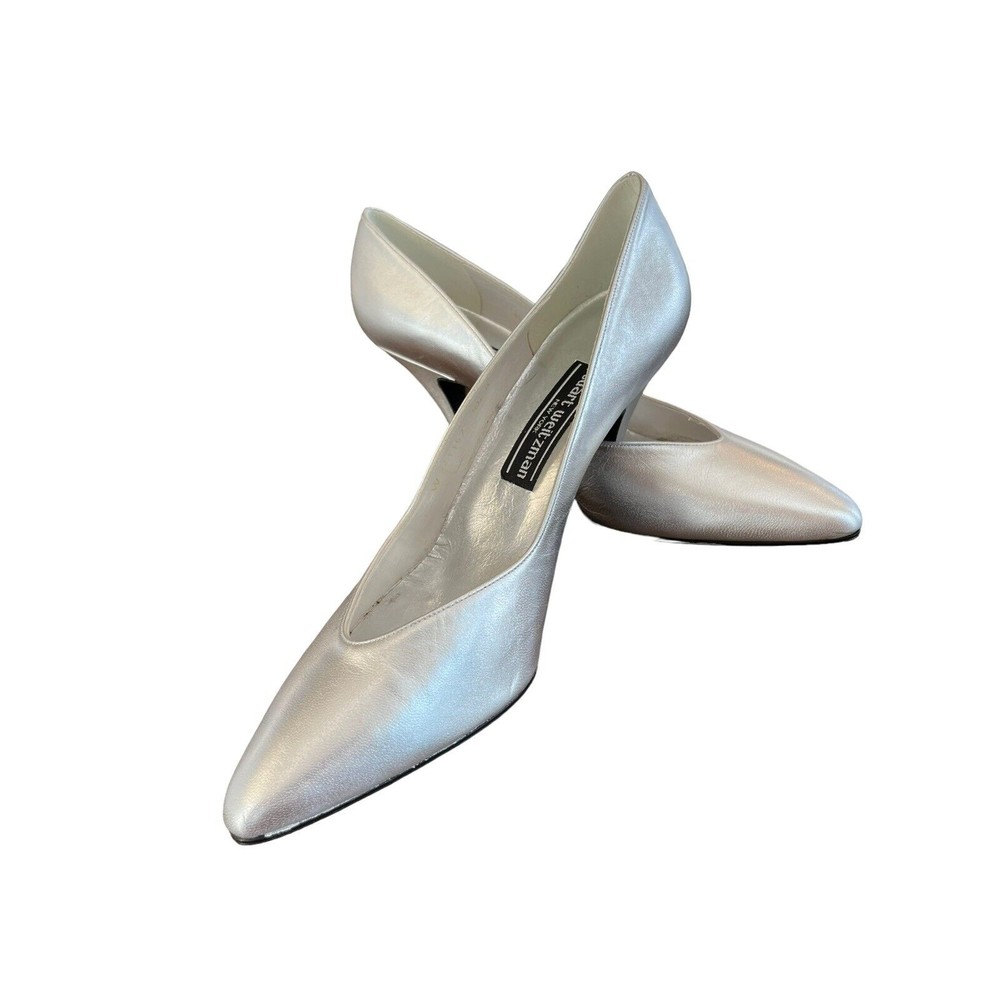 Stuart Weitzman New York Size 8 1/2 B Silver 3" Heels Slip On Pumps Meta… - Picture 2 of 4
